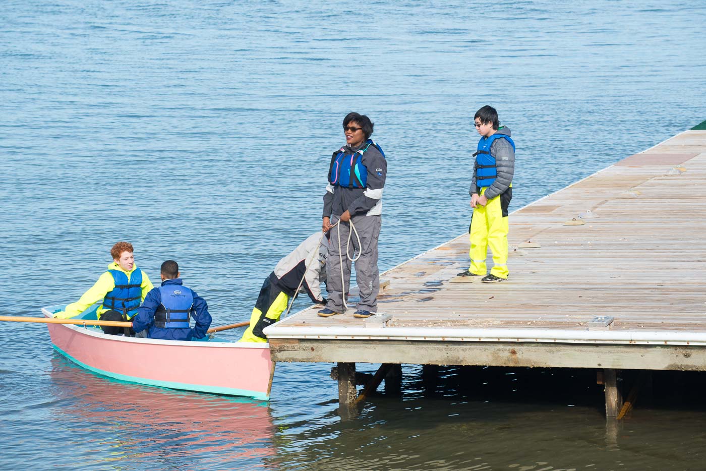 launching a skiff in the water